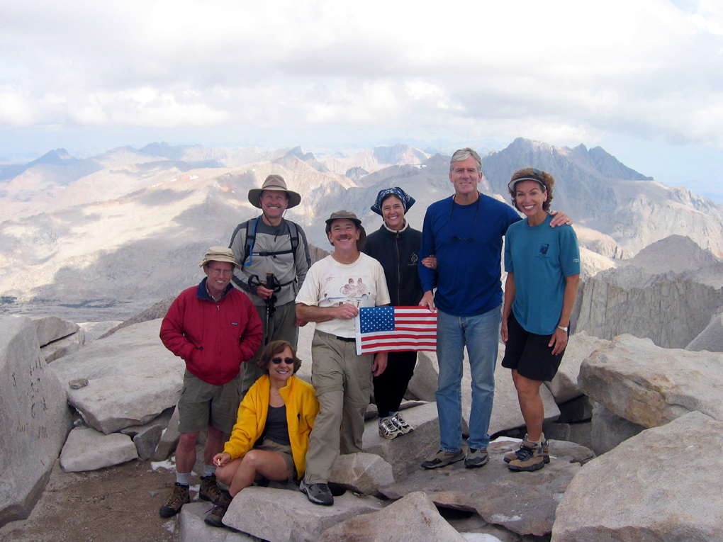 Jon Ball, Bill Edwards, Ann Waters, Jay Hems, Kelly Traver, John Selling and Patty Kert Dailey at the Mt. Whitney summit.